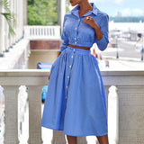 Autumn Striped Print Elegant 3/4 Sleeve Tops+Button Skirt Outfits Spring Fashion Two Piece Set