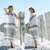 Rayon Stripe V-neck Loose Long Bikini Smock Beach Sunscreen Dress Swimsuit Cover Up Printed Blouse