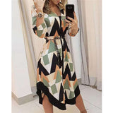 Spring and Summer Cover Up Dress Wave Print Long Sleeve V-Neck Casual Midi