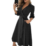 Spring and Summer Cover Up Dress Wave Print Long Sleeve V-Neck Casual Midi