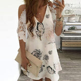 Elegant Off Shoulder Lace Beach Dress S-5XL V Neck Floral Print Dress Casual Short Sleeve A-Line Dress