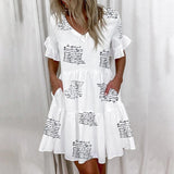 Ruffles Mini Summer Dress Elegant V-Neck Floral Print Patchwork Loose Pocket Casual Beach Dress
