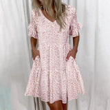 Ruffles Mini Summer Dress Elegant V-Neck Floral Print Patchwork Loose Pocket Casual Beach Dress
