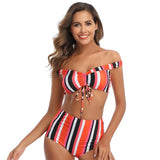 Striped Two-Piece Split Swimsuit Push Up Padded Wireless Polyester Bathing Suit