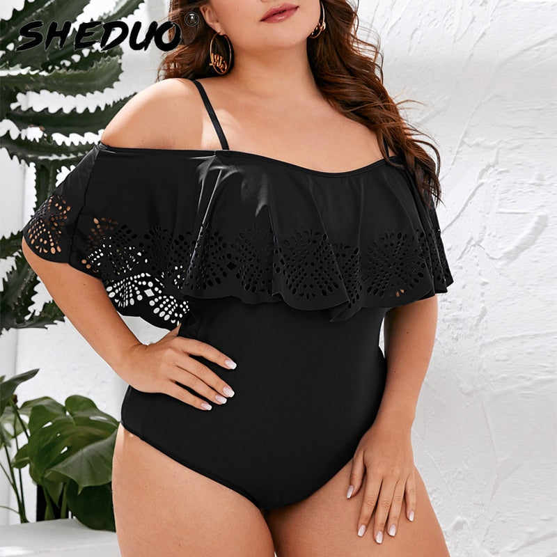 New Off The Shoulder Solid Swimwear One Piece Swimsuit Ruffle Push Up Set
