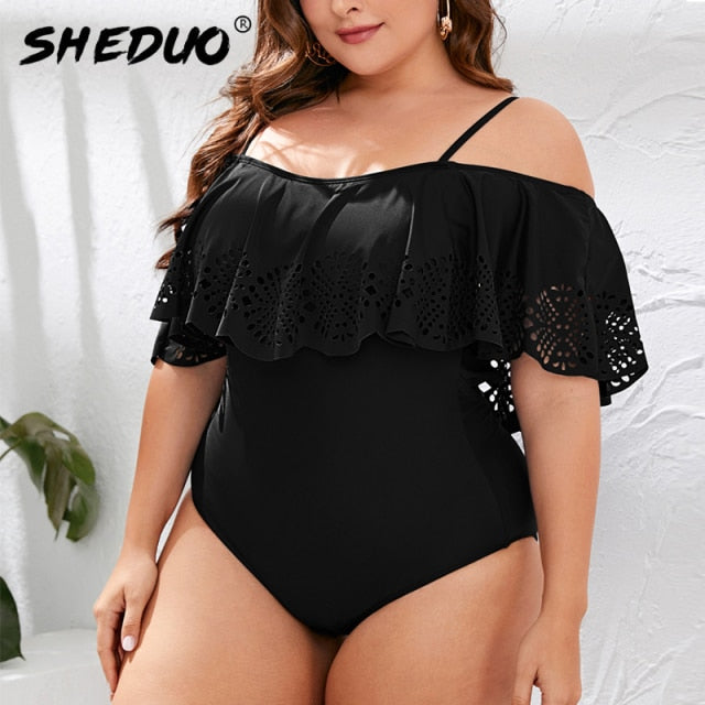 New Off The Shoulder Solid Swimwear One Piece Swimsuit Ruffle Push Up Set