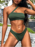 One Shoulder Textured Ribbed Bikini Swimsuit Cut Out Brazilian Bikini Set