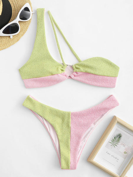 Textured One Shoulder Bicolor Bikini Swimwear Half And Half Two-Piece Summer Beach Wear